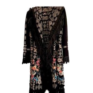 Johnny Was Pfionah Fringed Hooded Duster, Black w/Embroidery, Size S